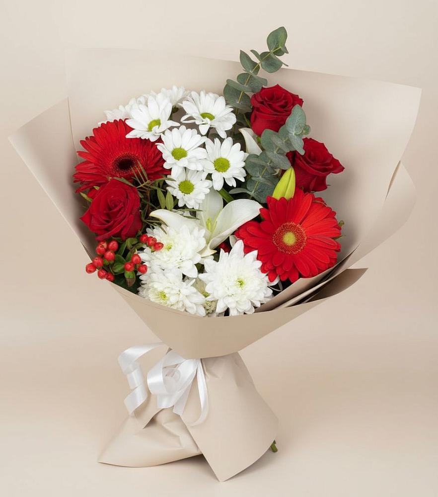 Букет цветов из: Розы, Хризантемы, Герберы и Лилии в Ивановской