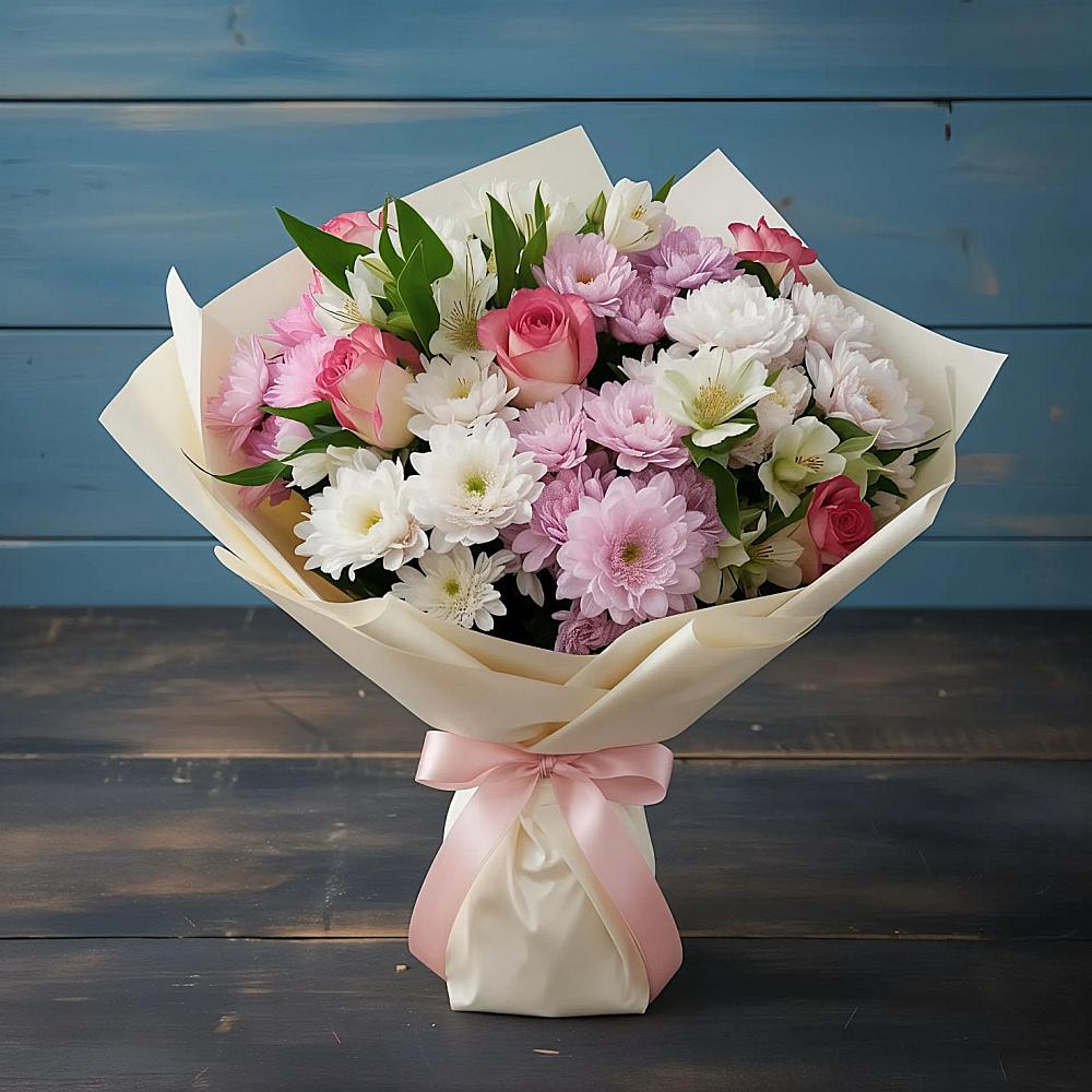 Букет цветов из: Хризантемы, Альстромерии и Розы в Ивановской